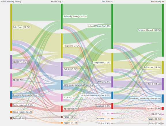 A screenshot of the pathways model with colourful lines showing how people seeking crisis help move through the system