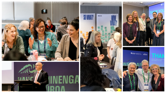 Photos of people listening and learning at the 2025 Hauora Hinengaro conference.